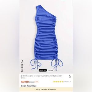 Royal blue one shoulder scrunch up dress. Size medium.